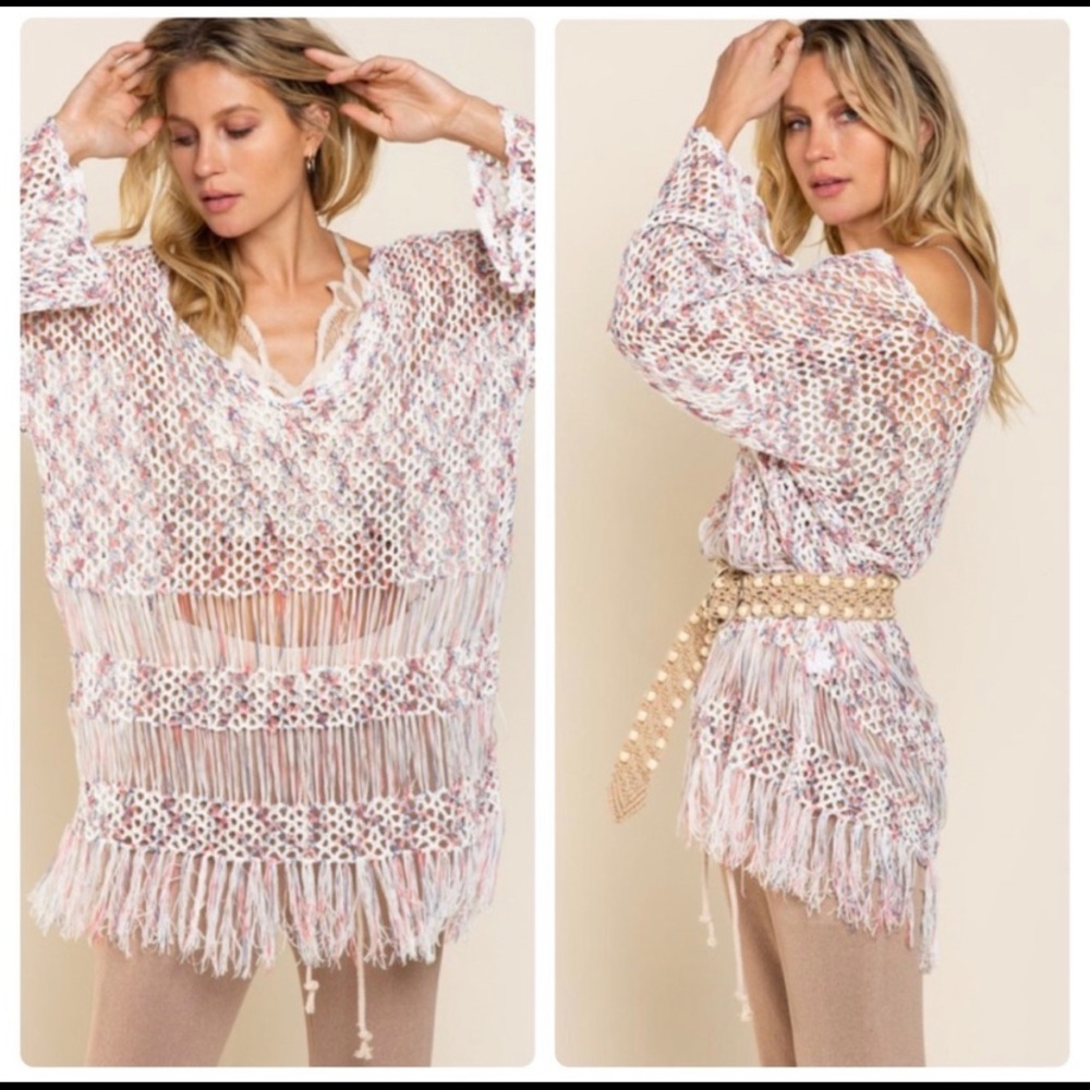 NEW POL Sheer Sexy Fringe Crocheted Tunic - Picture 6 of 9